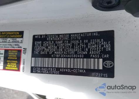 2010 Toyota Camry Le из США, поврежденный, VIN 4T1BF3EK4AU580460